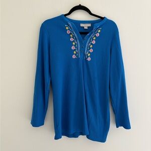 Woman Within Blue Floral Embroidered Blouse